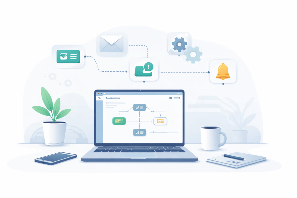Illustration showing automated reminders, alerts, and digital workflows in a calm workspace